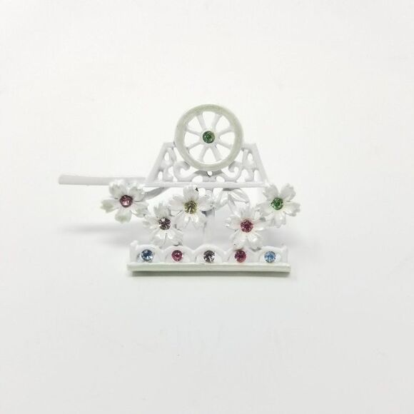 Vintage Flower Cart Rhinestone Brooch, White Enamel, Signed BJ, Estate - Picture 6 of 6